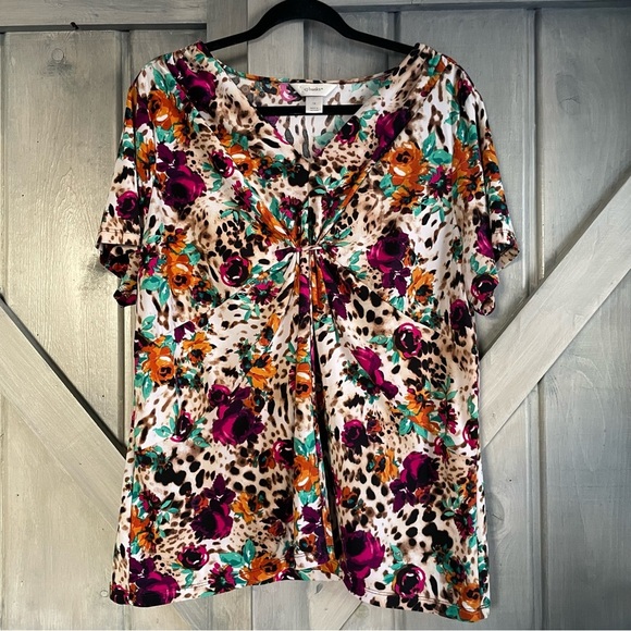 Cheetah Floral‎ Ruched Bust Blouse CJ Banks Size 1X leopard cheetah plum - Picture 4 of 8